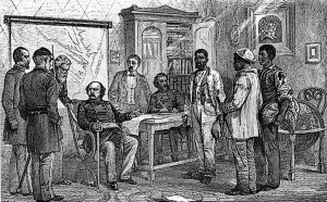 This period print shows Maj. Gen. Benjamin F. Butler interviewing the three runaway slaves -- traditionally identified as Shepard Mallory, Frank Baker and James Townsend -- who sparked his landmark May 24, 1861 decision to give such slaves refuge as "contraband of war."