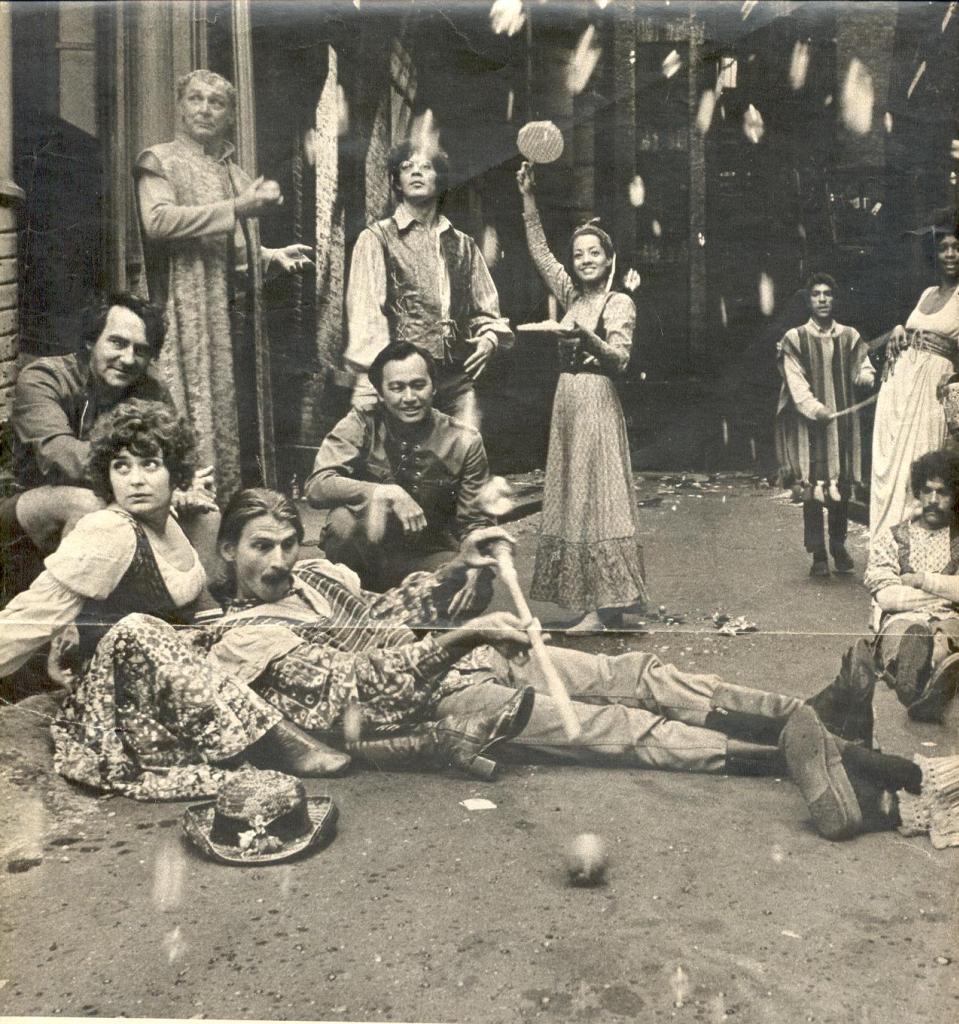 Original Delacorte cast featuring Raul Julia, Carla Pinza (holding tambourines) as Julia and to the far right, Miss Jonelle Allen as Sylvia. Joseph Papp (Producer of the NYSF) is kneeling to the far left.