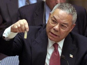 Secretary of State Powell in front of the United Nations Security explaining how Iraq had chemical weapons.