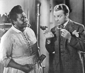 Hattie plays Aida, the cook and housekeeper for a small-town widow and newspaper publisher trying to rid the town of corruption in JOHNNY COME LATELY (1943), a turn-of-the-century story starring James Cagney (tasting Aida's pork chops at right) alongside stage star Grace George (as the publisher) and small-town character actress Marjorie Main.