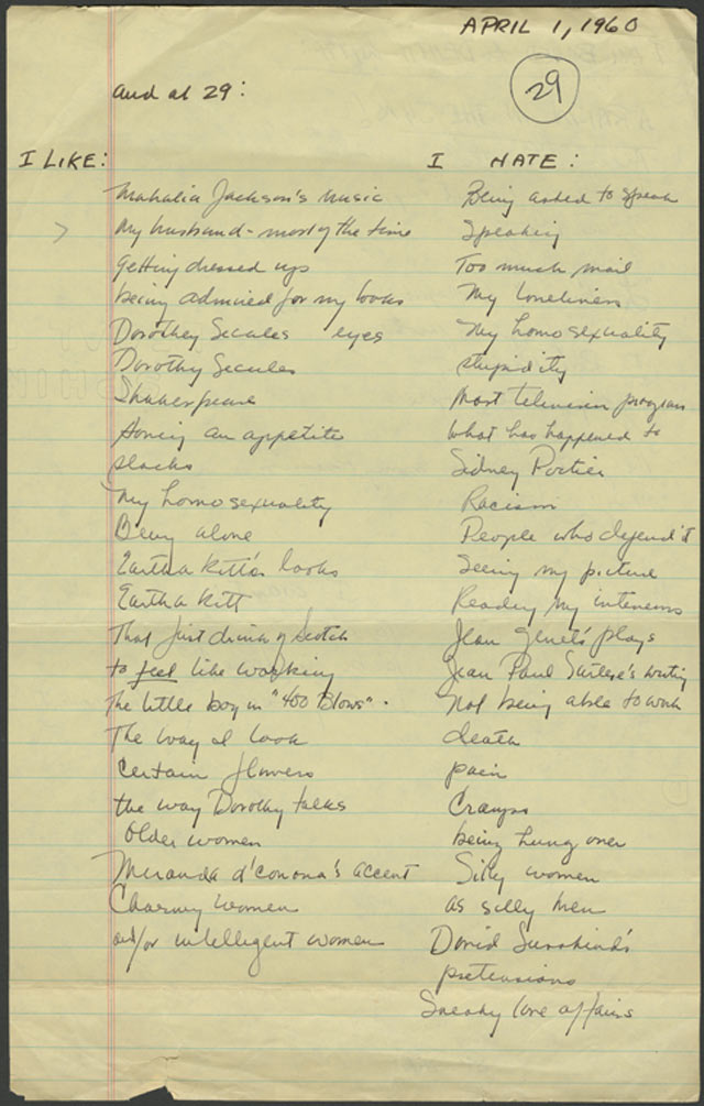 Lorraine Hansberry’s Random List of Likes and Hates. ~ April 1, 1960 - Courtesy of the New York Public Library